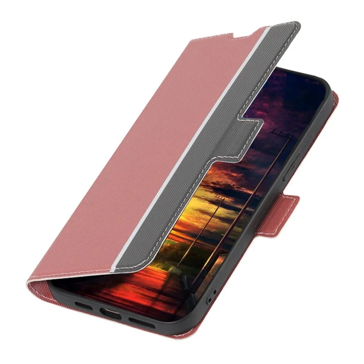 For iPhone 15 Stand Anti-Scratch TPU+PU Leather Case Twill Texture Phone Cover Card Holder Shell - Pink