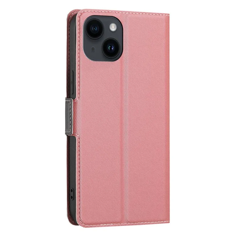 For iPhone 15 Stand Anti-Scratch TPU+PU Leather Case Twill Texture Phone Cover Card Holder Shell - Pink