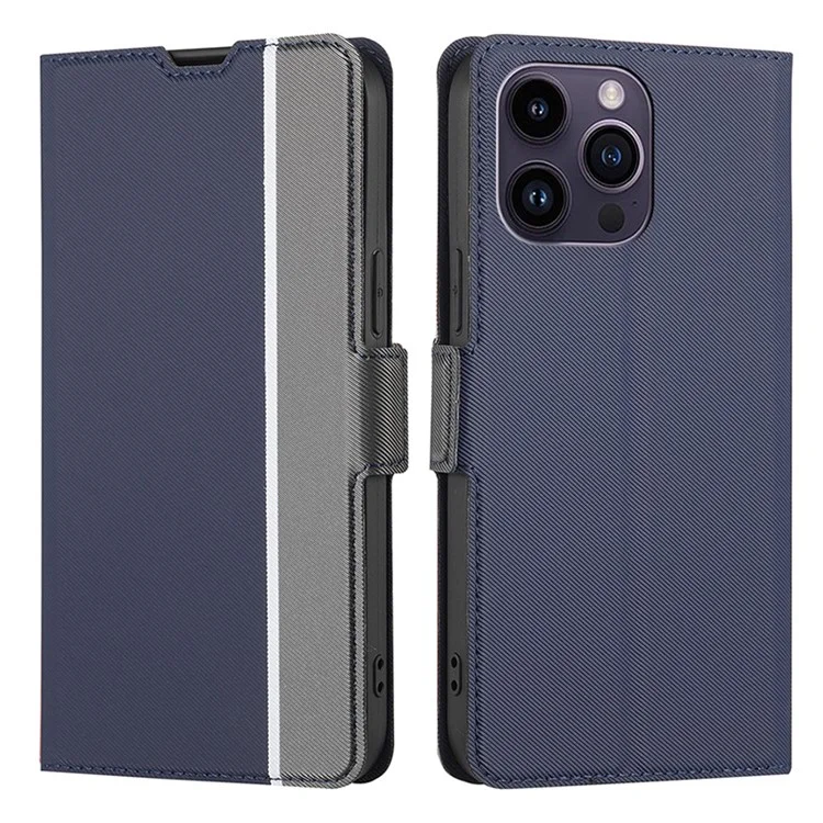 Pour iPhone 15 Pro Max Twill Texture Phone Cover Card Holder Stand Anti-Scratch TPU+PU Leather Case - Bleu