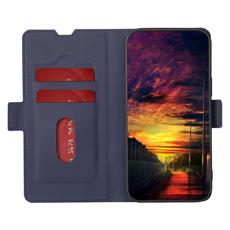 Pour iPhone 15 Pro Max Twill Texture Phone Cover Card Holder Stand Anti-Scratch TPU+PU Leather Case - Bleu