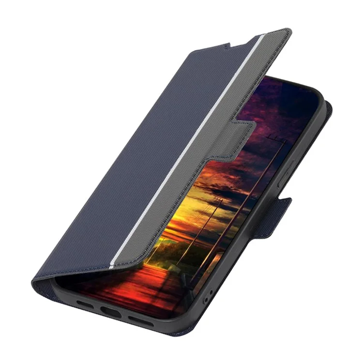 Pour iPhone 15 Pro Max Twill Texture Phone Cover Card Holder Stand Anti-Scratch TPU+PU Leather Case - Bleu