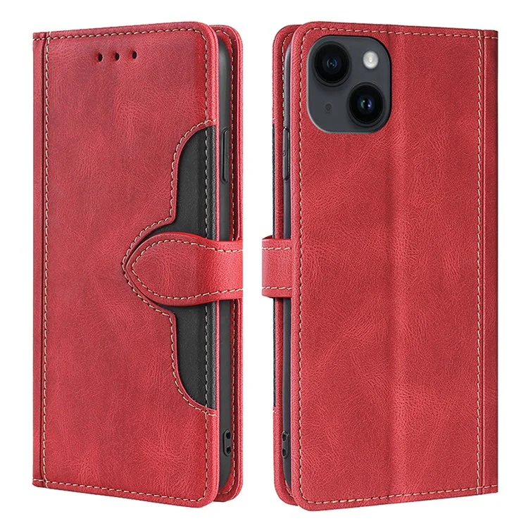 For iPhone 15 Plus Skin-touch Wallet Phone Case Straw Hat PU Leather Stand Phone Cover - Red
