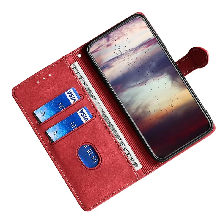 For iPhone 15 Plus Skin-touch Wallet Phone Case Straw Hat PU Leather Stand Phone Cover - Red