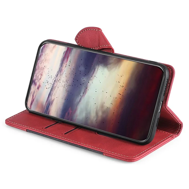 For iPhone 15 Plus Skin-touch Wallet Phone Case Straw Hat PU Leather Stand Phone Cover - Red