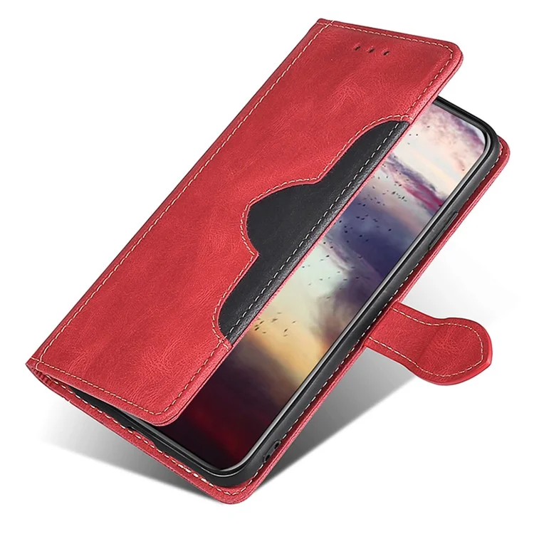 For iPhone 15 Plus Skin-touch Wallet Phone Case Straw Hat PU Leather Stand Phone Cover - Red
