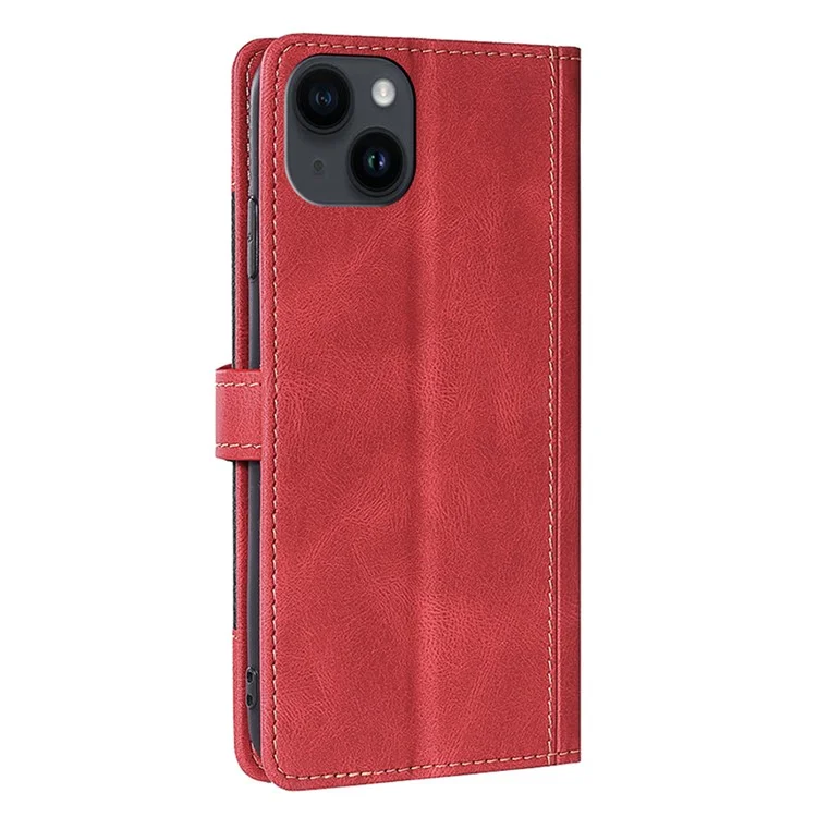 For iPhone 15 Plus Skin-touch Wallet Phone Case Straw Hat PU Leather Stand Phone Cover - Red