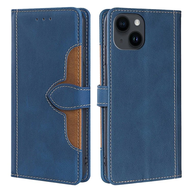 For iPhone 15 Skin-touch Shell Straw Hat Phone Cover PU Leather Stand Wallet Phone Case - Blue