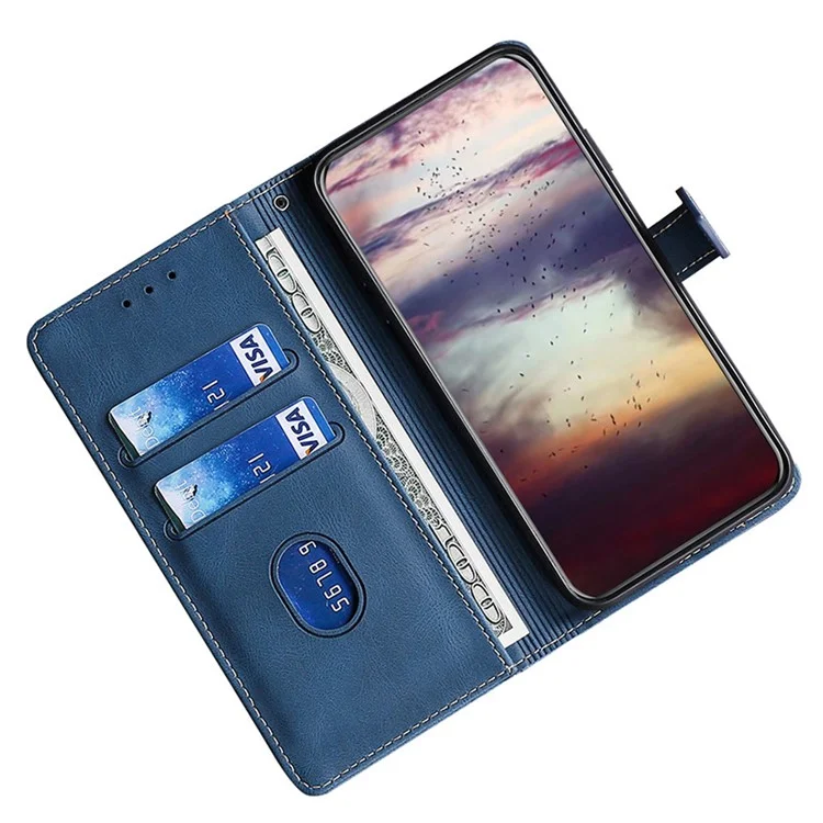 For iPhone 15 Skin-touch Shell Straw Hat Phone Cover PU Leather Stand Wallet Phone Case - Blue