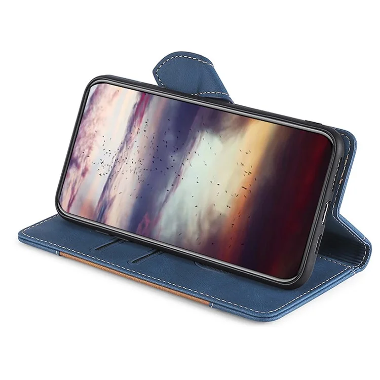 For iPhone 15 Skin-touch Shell Straw Hat Phone Cover PU Leather Stand Wallet Phone Case - Blue