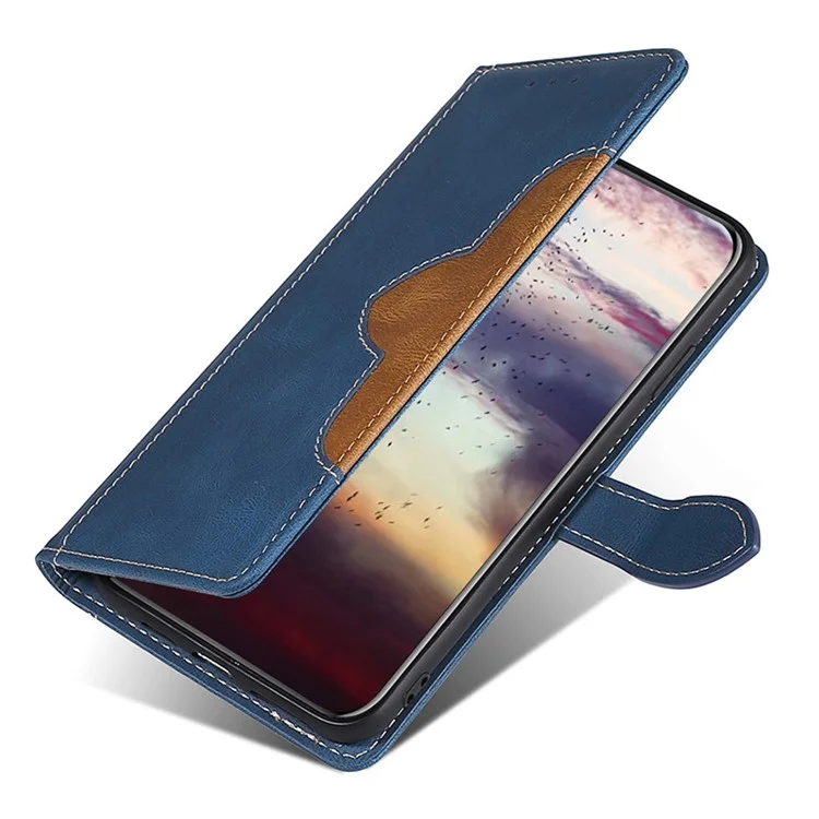 For iPhone 15 Skin-touch Shell Straw Hat Phone Cover PU Leather Stand Wallet Phone Case - Blue