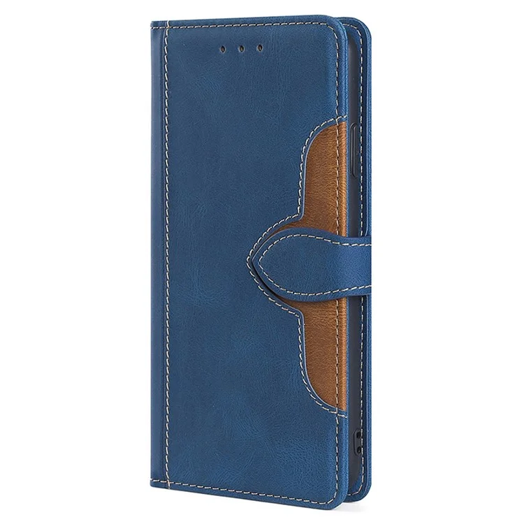 For iPhone 15 Skin-touch Shell Straw Hat Phone Cover PU Leather Stand Wallet Phone Case - Blue