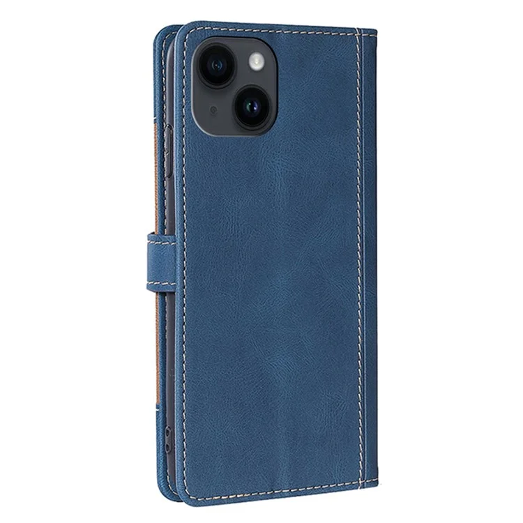 For iPhone 15 Skin-touch Shell Straw Hat Phone Cover PU Leather Stand Wallet Phone Case - Blue