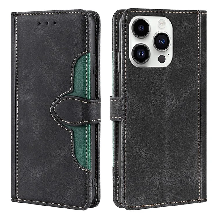 Skin-touch Shell for iPhone 15 Pro Max , Straw Hat Phone Cover PU Leather Stand Wallet Case - Black