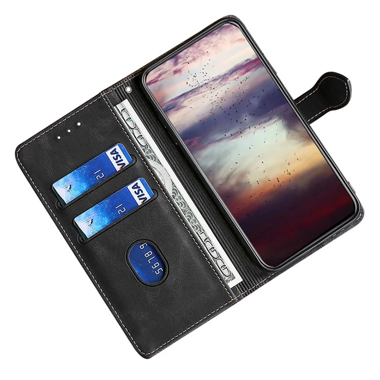 Skin-touch Shell for iPhone 15 Pro Max , Straw Hat Phone Cover PU Leather Stand Wallet Case - Black