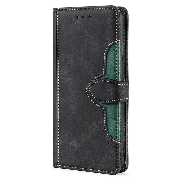 Skin-touch Shell for iPhone 15 Pro Max , Straw Hat Phone Cover PU Leather Stand Wallet Case - Black