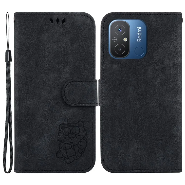 Leather Phone Case for Xiaomi Redmi 12C 4G Stand Wallet Tiger Pattern Imprinted Cover - Black