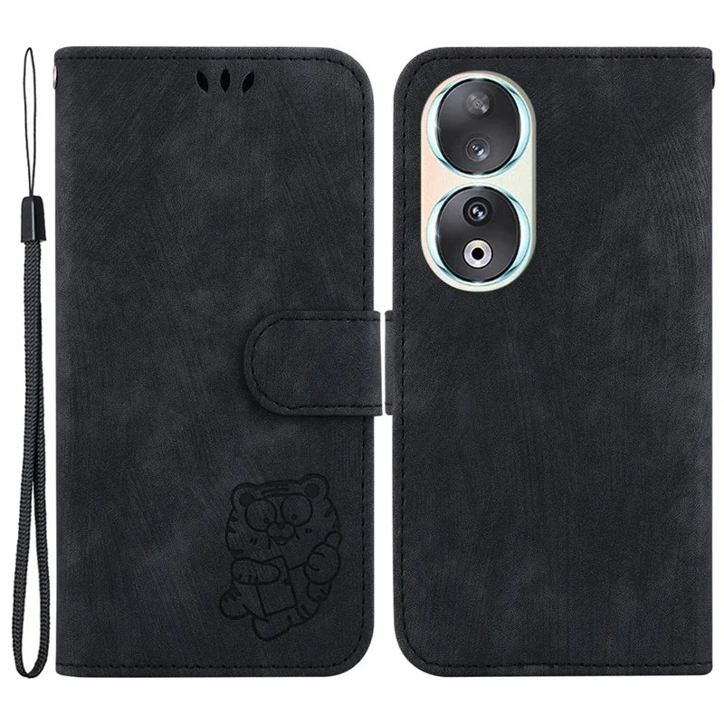 For Honor 90 Lovely Tiger Imprint Wallet Stand Cover Magnetic Clasp Leather Phone Case - Schwarz