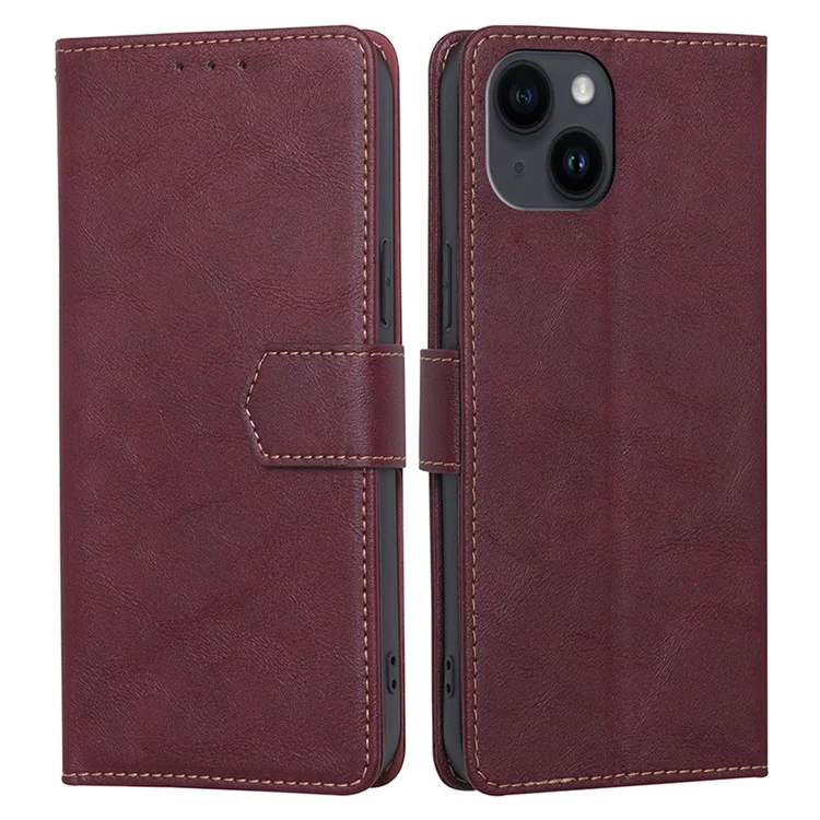 For iPhone 15 Anti-Scratch PU Leather Flip Case RFID Blocking Wallet Stand Phone Cover - Wine Red