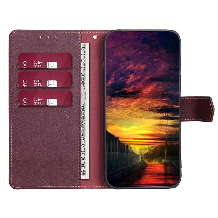 For iPhone 15 Anti-Scratch PU Leather Flip Case RFID Blocking Wallet Stand Phone Cover - Wine Red
