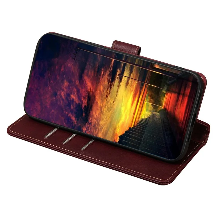 For iPhone 15 Anti-Scratch PU Leather Flip Case RFID Blocking Wallet Stand Phone Cover - Wine Red