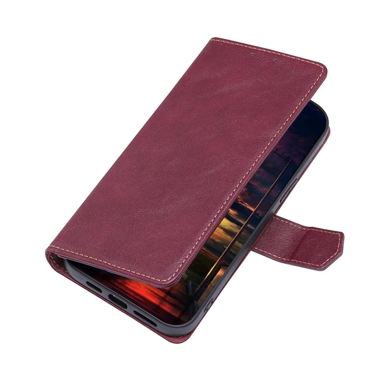 For iPhone 15 Anti-Scratch PU Leather Flip Case RFID Blocking Wallet Stand Phone Cover - Wine Red