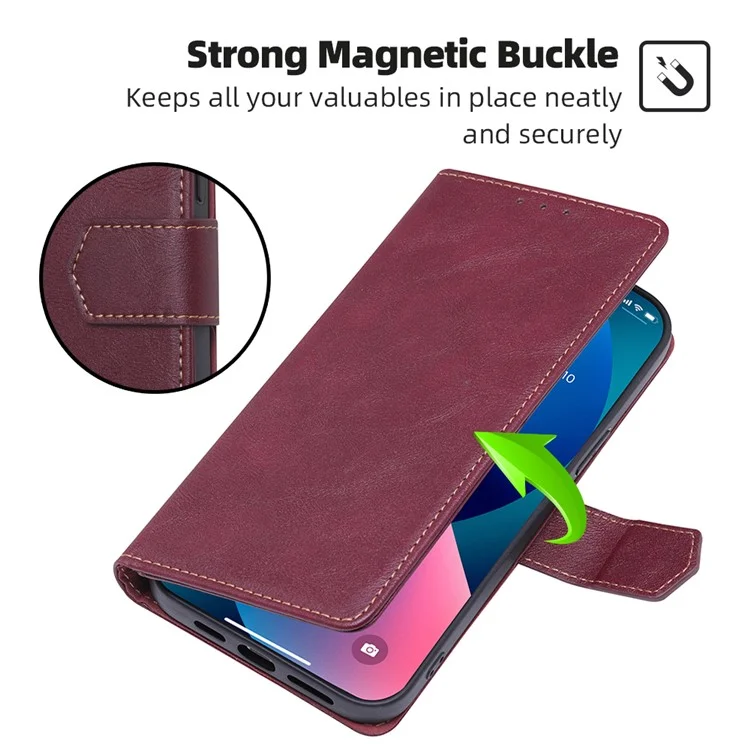For iPhone 15 Anti-Scratch PU Leather Flip Case RFID Blocking Wallet Stand Phone Cover - Wine Red