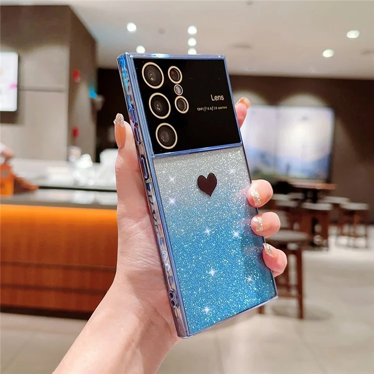 Phone Case For Samsung Galaxy S23 Ultra , Electroplating Edge Gradient Glitter Powder TPU Phone Cover - Blue