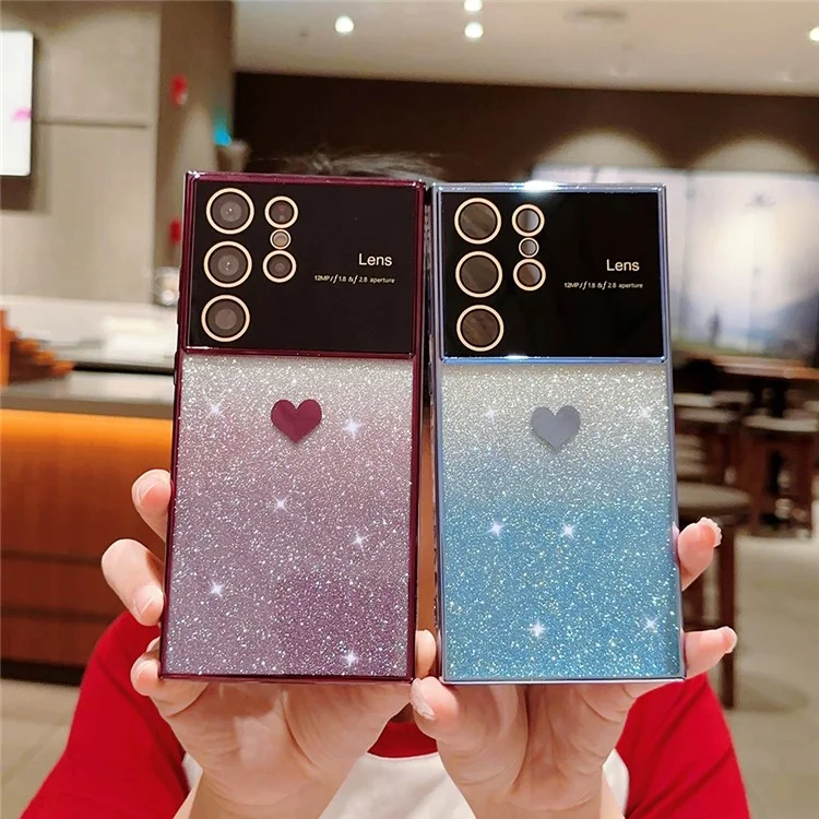 Phone Case For Samsung Galaxy S23 Ultra , Electroplating Edge Gradient Glitter Powder TPU Phone Cover - Blue