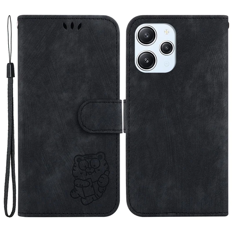 For Xiaomi Redmi 12 4G Shockproof Case Lovely Tiger Imprint Leather Wallet Phone Cover with Stand - Black