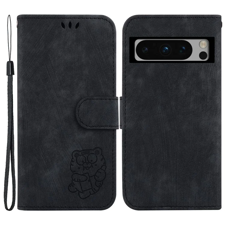 Для Google Pixel 8 Pro Anti-Drop Phone Case Lovely Tiger Imprint Leather Wallet Cover - Black