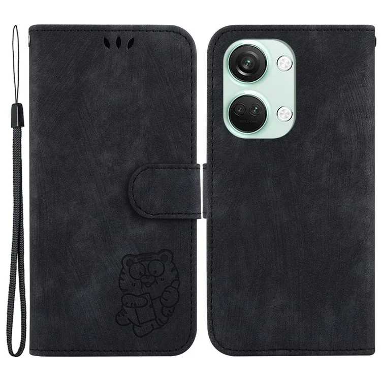 PU Leather Flip Protective Case for OnePlus Nord 3 5G / Ace 2V , Tiger Pattern Imprinted Wallet Stand Phone Cover - Black
