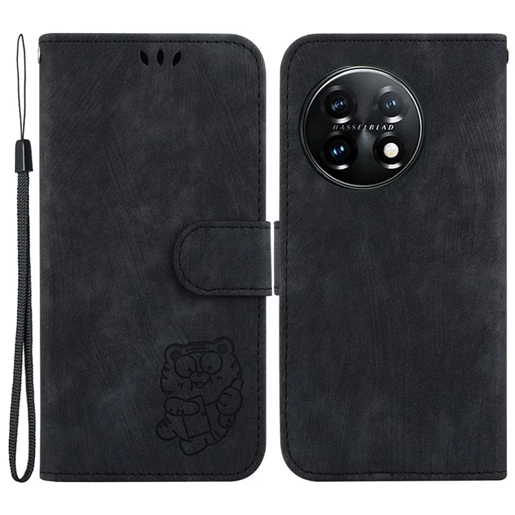 Para OnePlus 11 5G Capa Flip de Couro PU com Padrão de Tigre Estampado, Suporte e Carteira - Preto
