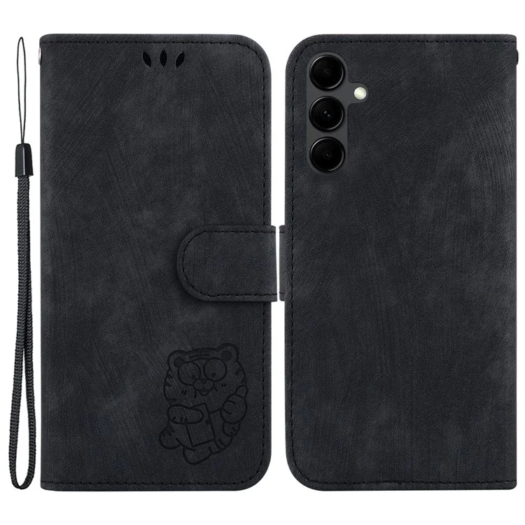 Für Samsung Galaxy A14 5G / A14 4G PU Leder Cover Tiger Muster Bedruckter Ständer Schutzhülle - Schwarz