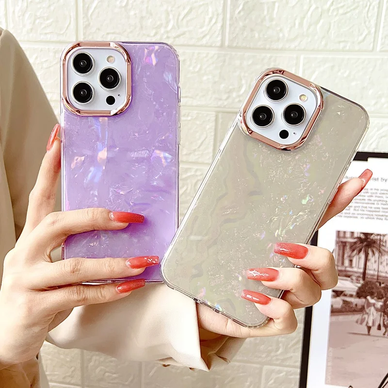 TPU+PC Phone Cover for iPhone 15 Pro Max , IMD Shell Pattern Back Protector Case - Light Pink