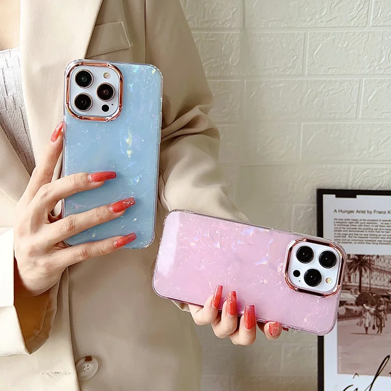TPU+PC Phone Cover for iPhone 15 Pro Max , IMD Shell Pattern Back Protector Case - Light Pink