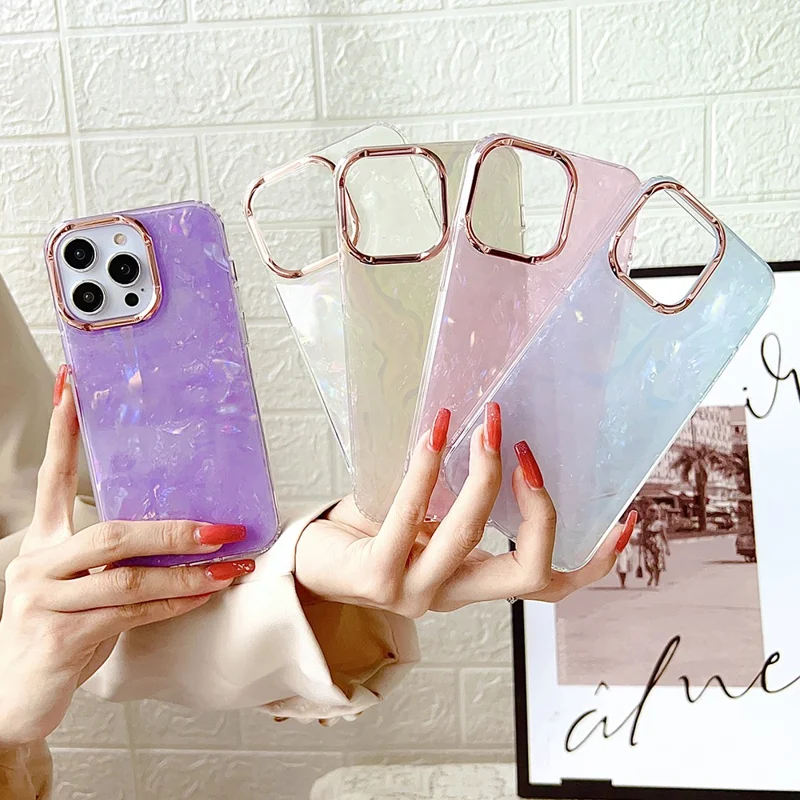 TPU+PC Phone Cover for iPhone 15 Pro Max , IMD Shell Pattern Back Protector Case - Light Pink