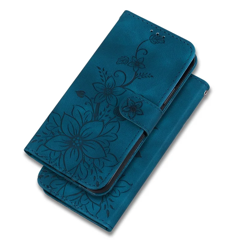 Imprinted Lily Flower Wallet Case for Huawei nova Y61 4G , PU Leather Stand Phone Cover - Dark Blue