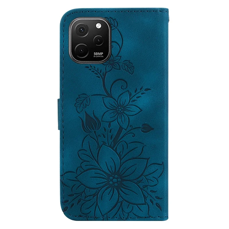 Imprinted Lily Flower Wallet Case for Huawei nova Y61 4G , PU Leather Stand Phone Cover - Dark Blue