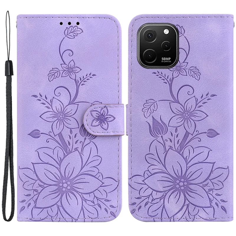 Imprinted Lily Flower Wallet Case for Huawei nova Y61 4G , PU Leather Stand Phone Cover - Purple