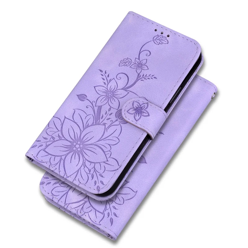 Imprinted Lily Flower Wallet Case for Huawei nova Y61 4G , PU Leather Stand Phone Cover - Purple