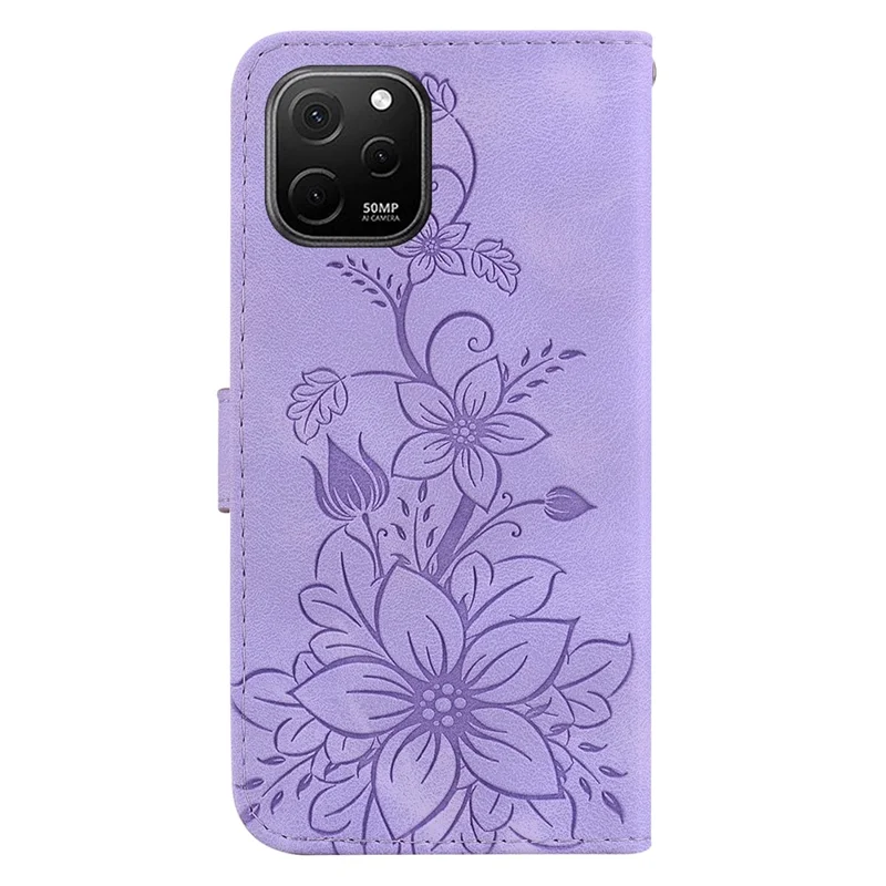 Imprinted Lily Flower Wallet Case for Huawei nova Y61 4G , PU Leather Stand Phone Cover - Purple