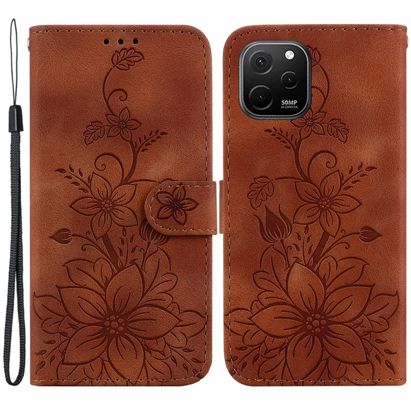 Imprinted Lily Flower Wallet Case for Huawei nova Y61 4G , PU Leather Stand Phone Cover - Brown