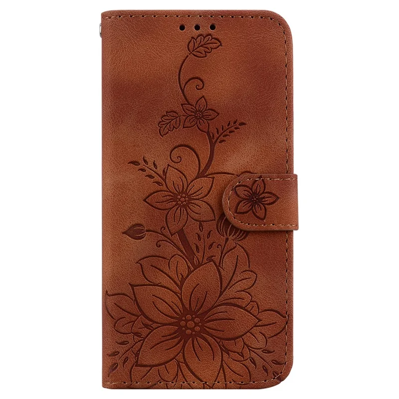Imprinted Lily Flower Wallet Case for Huawei nova Y61 4G , PU Leather Stand Phone Cover - Brown