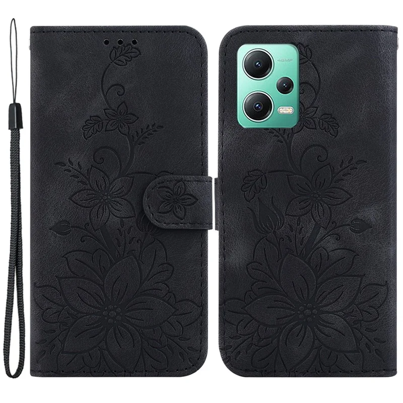 Capa de Couro para Xiaomi Redmi Note 12 5G (China) / (Índia) / (Global) / Poco X5 5G Flor de Lírio Impressa Capa Carteira com Suporte - Preto