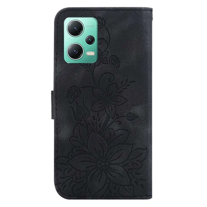 Capa de Couro para Xiaomi Redmi Note 12 5G (China) / (Índia) / (Global) / Poco X5 5G Flor de Lírio Impressa Capa Carteira com Suporte - Preto