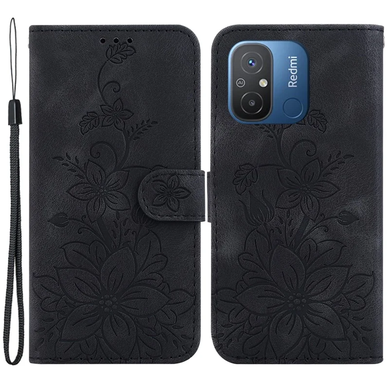 Cell Phone Case For Xiaomi Redmi 12C 4G , Imprinted Lily Flower Cover PU Leather Wallet Stand Shell - Black