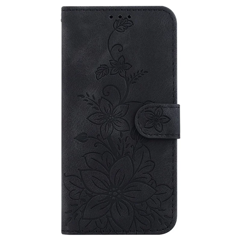 Cell Phone Case For Xiaomi Redmi 12C 4G , Imprinted Lily Flower Cover PU Leather Wallet Stand Shell - Black
