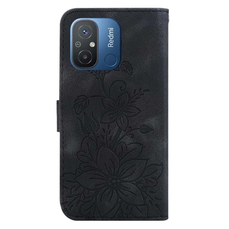 Cell Phone Case For Xiaomi Redmi 12C 4G , Imprinted Lily Flower Cover PU Leather Wallet Stand Shell - Black