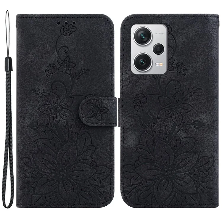 For Xiaomi Redmi Note 12 Pro+ 5G Phone Leather Case Stand Wallet Imprinted Lily Flower Phone Cover - Black