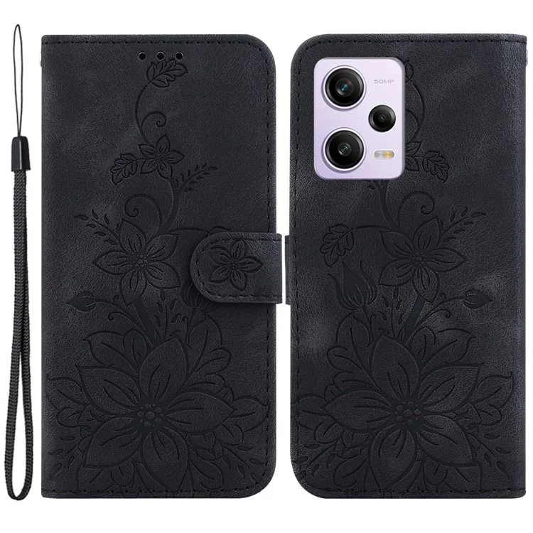 For Xiaomi Redmi Note 12 Pro 5G / 12 Pro Speed 5G / Poco X5 Pro 5G Wallet Case Imprinted Lily Flower Leather Stand Phone Cover - Black